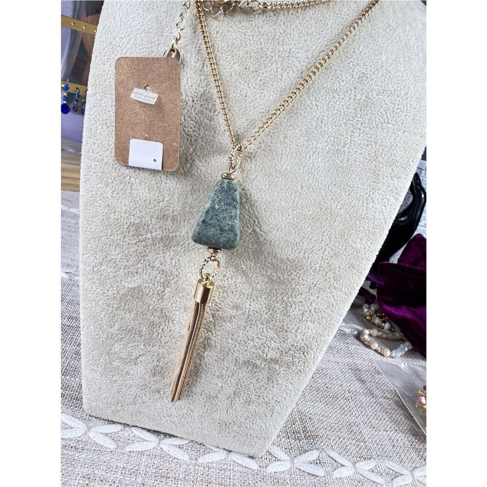 Stampd Gold Necklace with Green Moss Stone Triangle and Tassel